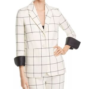 Tory Burch  Blazer Holt Windowpane 2 Button Ivory Black Wool 3/4 Sleeve Size 12